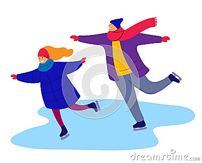 Man and woman skate on ice. flat color illustration Vector Illustration