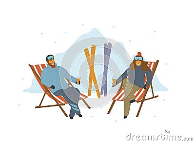 Man and woman skiers relaxing after skiing on lounge chairs at resort Vector Illustration