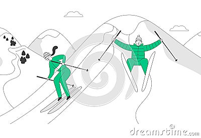 Man and Woman Skiers Riding Skis Downhill at Winter Season. Sport Activity on Mountain Resort at Cold Weather with Snow Vector Illustration