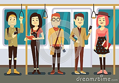 Man and woman with smartphone, gadgets book in public transport vector illustration Vector Illustration