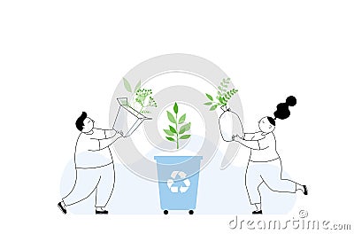 Man and woman sort the garbage, throw the sorted garbage into the trash container.Vector flat illustration Stock Photo