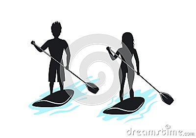 Man and woman stand up paddling Vector Illustration