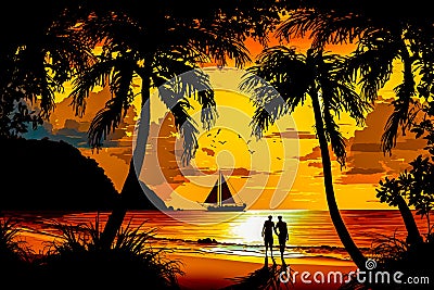 Man and woman are standing on the beach at sunset with sailboat in the distance. Generative AI Stock Photo