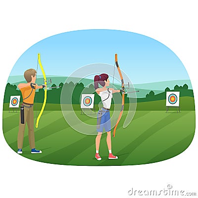 Man and woman standing with bows and aiming to the target vector illustration. Vector Illustration