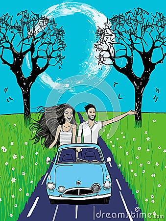 A Man And Woman Standing In A Car - Just married - Newlywed couple driving a car Vector Illustration