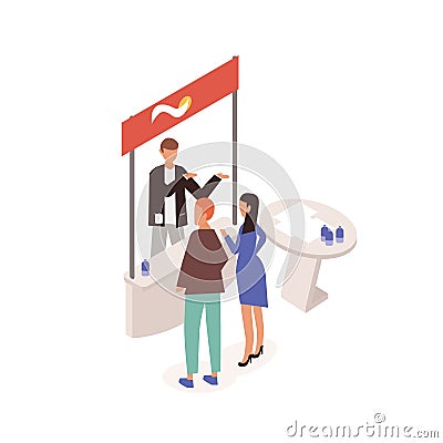 Man and woman standing in front of commercial promo stand and talking to promoter, seller or consultant. People at trade Vector Illustration