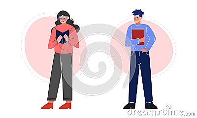 Man and Woman Standing and Reading Interesting Book Vector Set Stock Photo