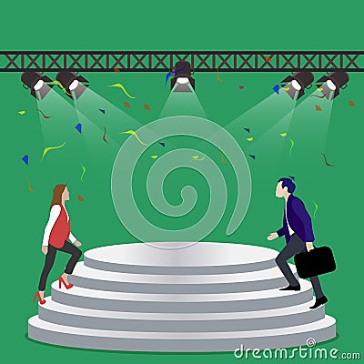 Man and woman stepping to scene. Business competitive Vector Illustration