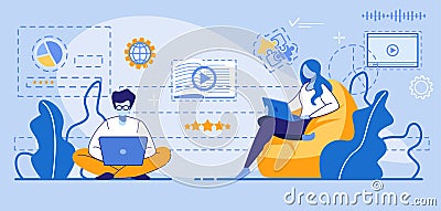 Man and Woman Studying, Reading eBook via Laptops Vector Illustration