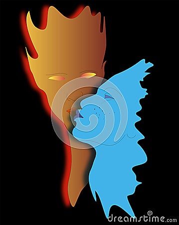 Man and woman stylized under fire and water on a black background Stock Photo