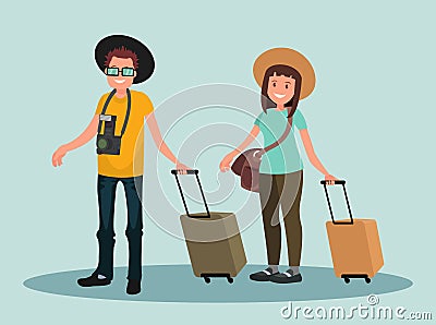 A man and a woman with suitcases. Happy couple with Luggage. Vector Illustration