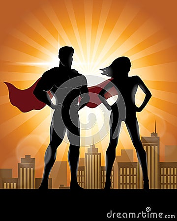 Superhero Couple Silhouette with City Skyline Background Vector Illustration