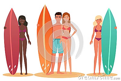 Man and woman surfer standing, holding a surfboard. Cartoon people couple surfers. White and black african young people. Vector Illustration