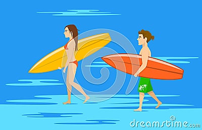 Man and woman, surfers couple walking on water on the beach with surfboards Vector Illustration