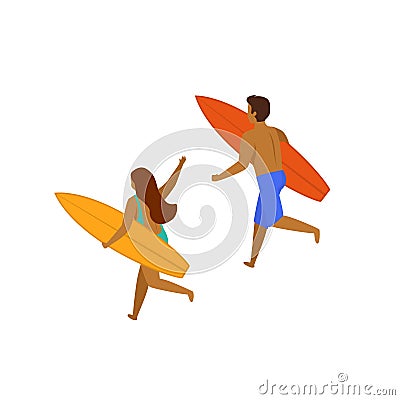 Man and woman surfers running with surfboards on a beach, Vector Illustration