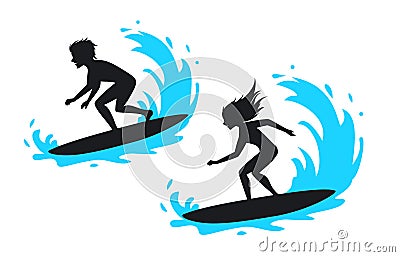Man and woman surfing silhouette Vector Illustration