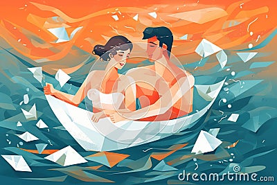 Man and woman swim in paper boat Stock Photo