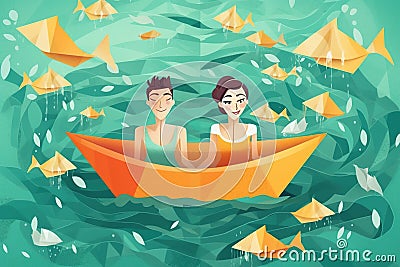 Man and woman swim in paper boat Stock Photo