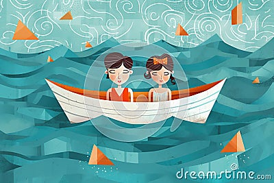 Man and woman swim in paper boat created with Generative AI technology Stock Photo