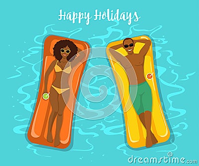 Man and Woman swimming on inflatable floats in the pool. Vector Illustration