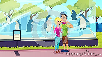 Man and Woman Take Selfie with Penguins at Zoo Cartoon Illustration