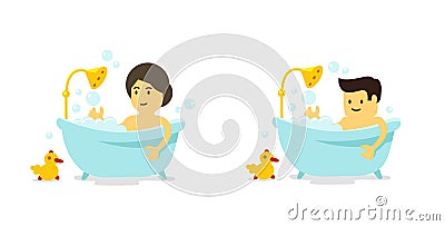 A man and woman takes a bath. Shower in the bathroom. Bathing time. Vector cartoon style Cartoon Illustration