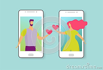 A man and a woman talk on the phone and fall in love. Illustration of online dating, love at a distance, social networking. Flat Cartoon Illustration