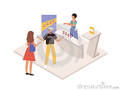 Man and woman tasting beverage or drink at commercial promotional stand. Promoter, seller or consultant demonstrating Vector Illustration