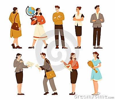 Man and Woman Teacher Characters Standing Having Friendly Smiling Face Vector Set Vector Illustration