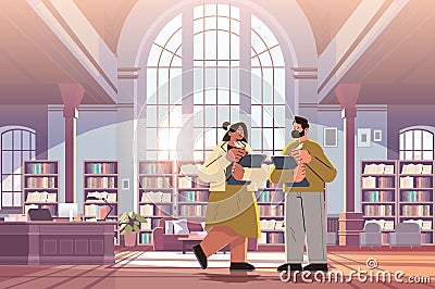 man woman teachers couple reading books in library happy labor day celebration concept horizontal Cartoon Illustration