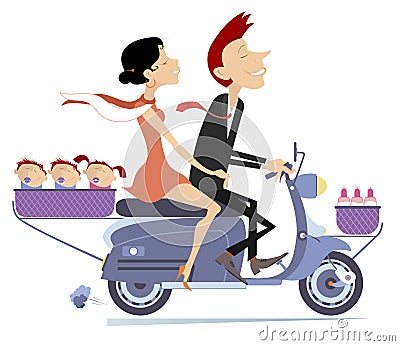 Man, woman and three babies ride on the scooter Vector Illustration