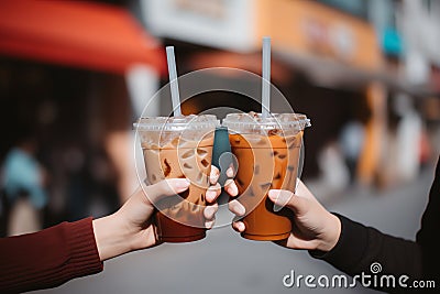 Man and woman toasting with plastic takeaway cups of delicious iced coffee outdoors Stock Photo