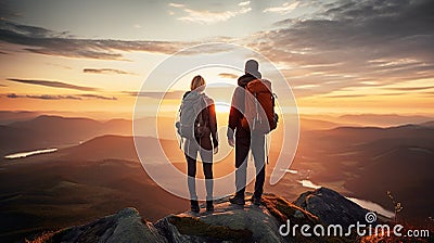 man and woman tourist hiking at mountain peak at sunset, romantic hikers couple standing at cliff at sunrise Stock Photo