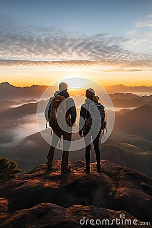 man and woman tourist hiking at mountain peak at sunset, romantic hikers couple standing at cliff at sunrise Stock Photo