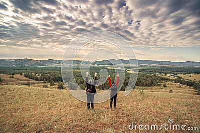 man and woman Tourists on a picnic on the ridge of the Ural Mountains Stock Photo