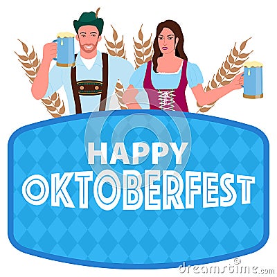 Man and woman in traditional Bavarian costume, holding a beer glass Vector Illustration