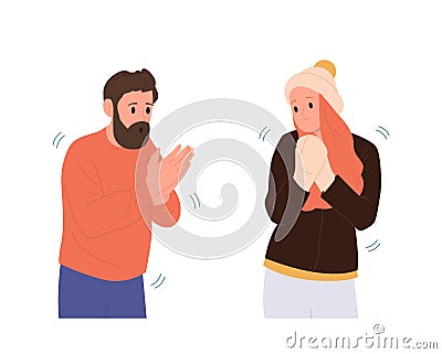 Man and woman trembling shaking body rubbing hands suffering from cold temperature isolated set Vector Illustration