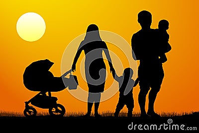 Man and woman with two children with baby carriage at dawn Vector Illustration