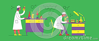 A man and a woman in uniform are working in a laboratory. Chemical and Biological Laboratory. Vector Illustration