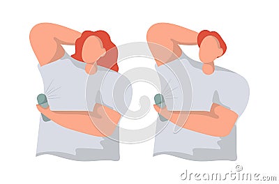 Man and woman use deodorant flat vector illustration. Hygiene and body care concept. Sweat spots prevention Vector Illustration