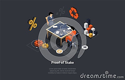 Man And Woman Use POS Technology, Cryptocurrency Consensus Mechanism For Processing Transactions, Work By Selecting Vector Illustration