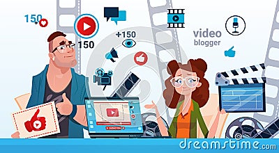 Man And Woman Video Blogger Online Stream Blogging Subscribe Concept Vector Illustration