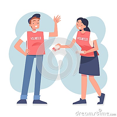 Man and Woman Volunteer Character Giving Flyers Vector Illustration Vector Illustration