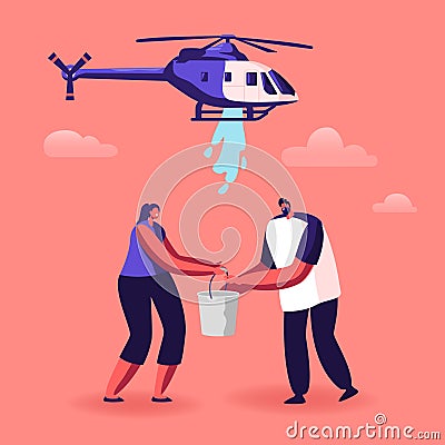 Man and Woman Volunteers Bringing Water in Buckets, Firefighters Working on Helicopter for Fighting with Fire in Forest Vector Illustration