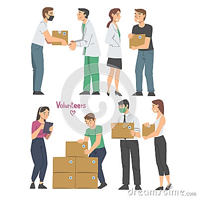 Man and Woman Volunteers Doing Different Charity Activity Donating Food and Medicine Vector Set Vector Illustration