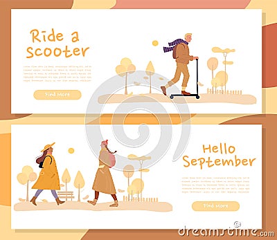 Man woman walk in fall season forest header set Vector Illustration