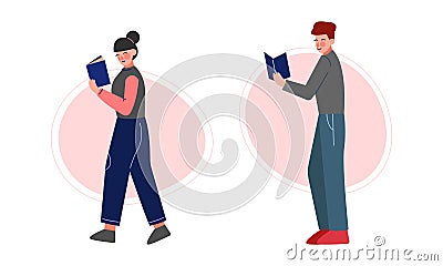 Man and Woman Walking and Reading Interesting Book Vector Set Vector Illustration