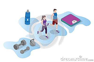 Man and woman walking or running jogging with some equipment like diet scale drink water and dumbell with modern isometric style Stock Photo