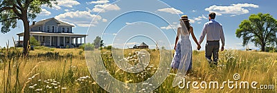 A man and a woman walking to their new home. View from back side. House in the background Stock Photo