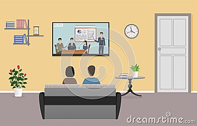 Man and woman watching tv in living room interior. Family relax. Vector illustration Vector Illustration